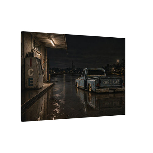 Rare Lab Ice Box canvas: a weathered blue pickup at a rain-slicked, late-night gas stop