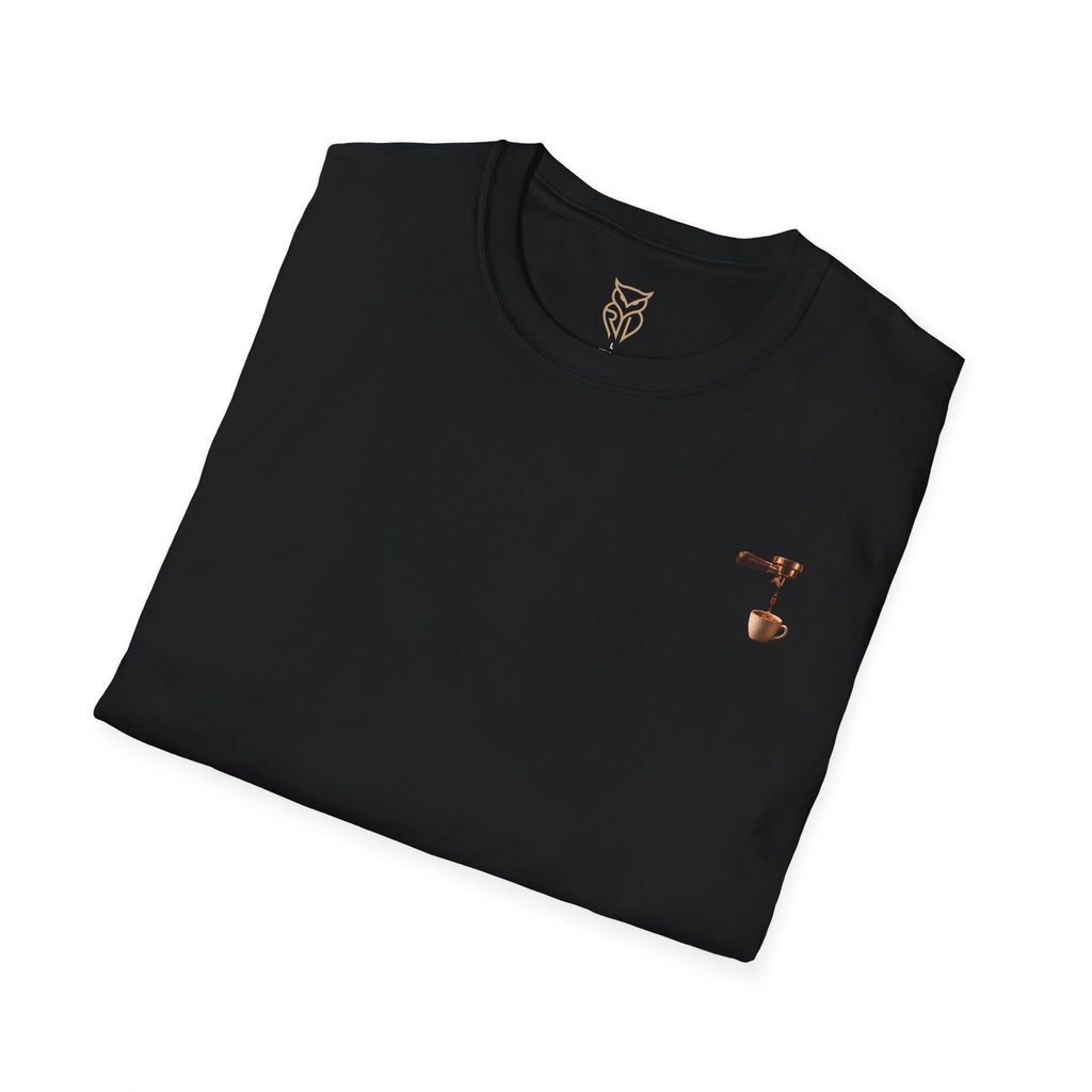 Rare Lab Espresso Drip tee: small Rare Lab Drip espresso design on the chest