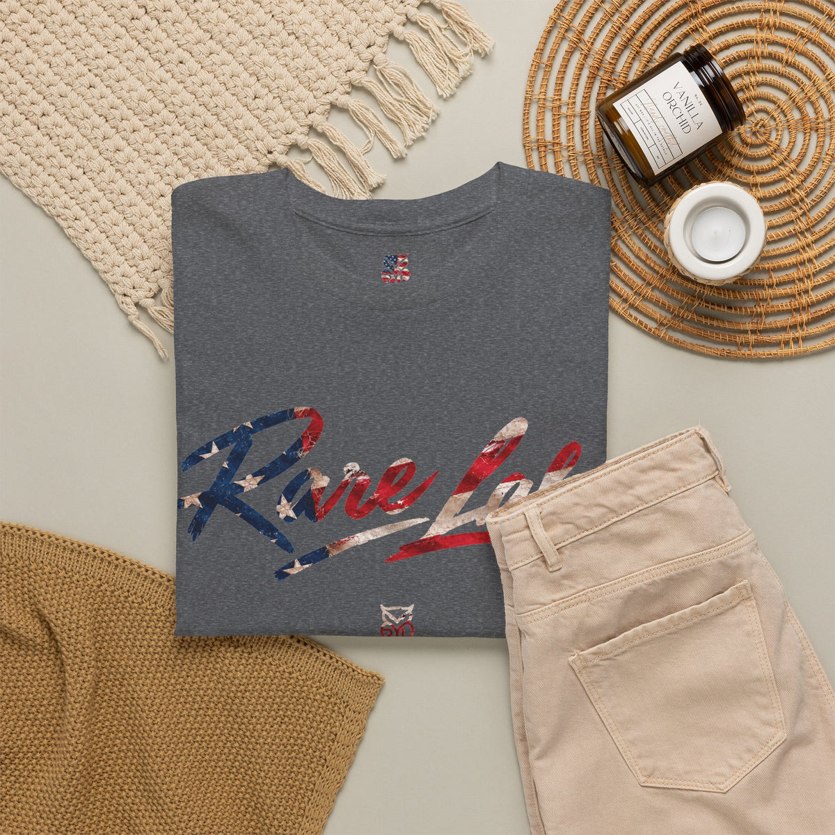 Rare Lab Brush Stroke American Flag tee: faded brush stroke logo in flag colors across the chest