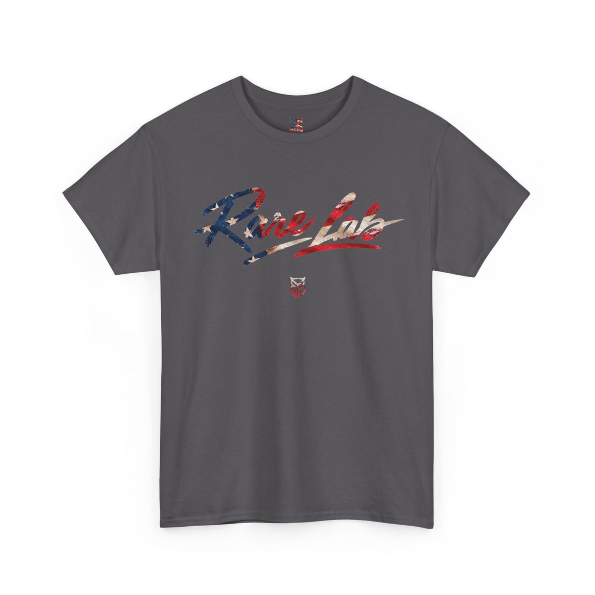 Rare Lab Brush Stroke American Flag tee: faded brush stroke logo in flag colors across the chest