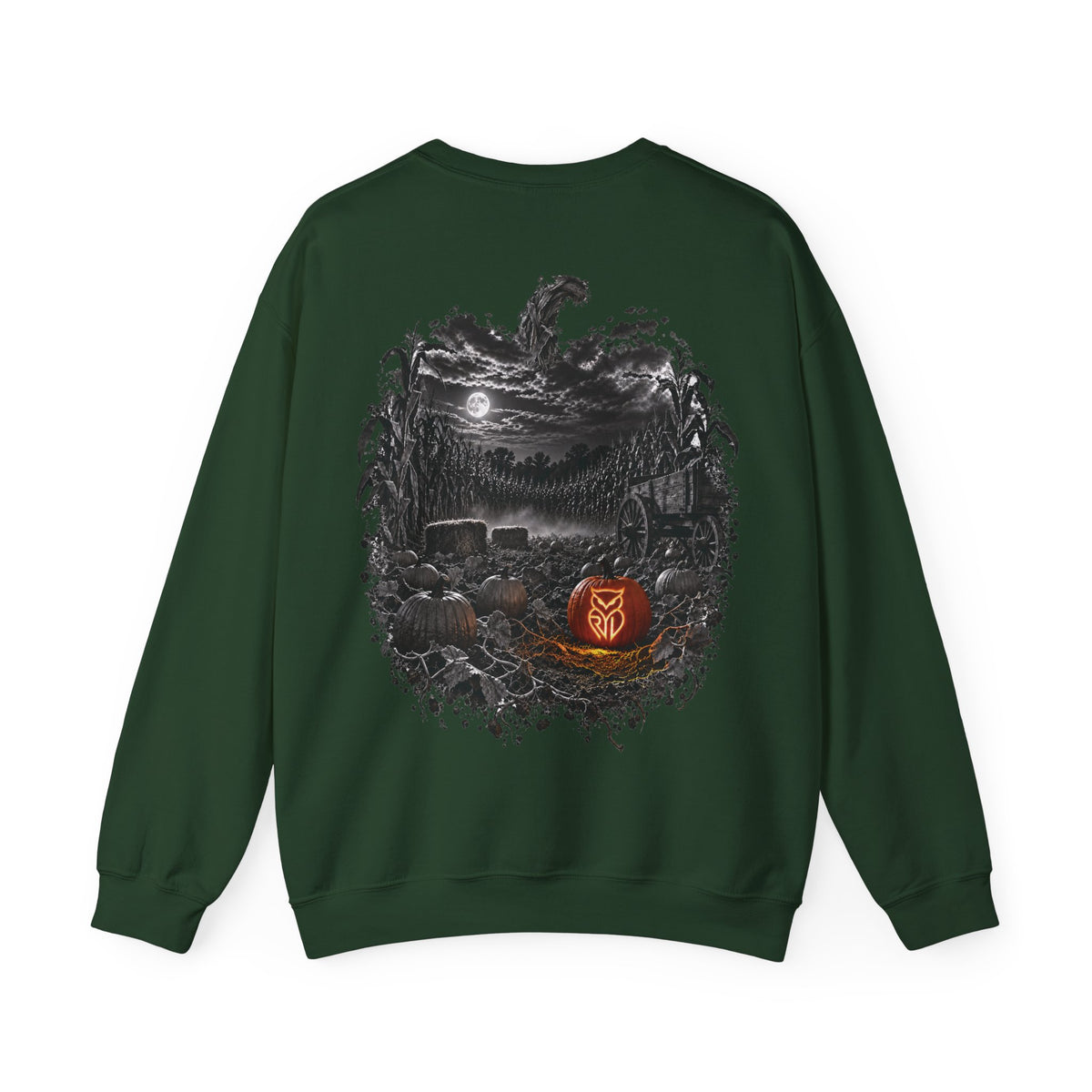Rare Lab Owl Lantern crewneck sweatshirt: glowing Rare Lab owl jack-o'-lantern on the front, moonlit pumpkin patch scene on the back