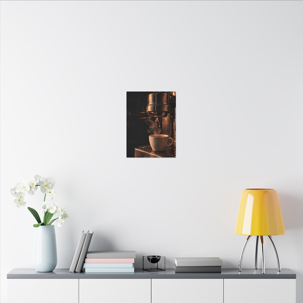 Rare Lab Drip espresso machine canvas: a slow espresso pour and a steaming cup in warm amber tones