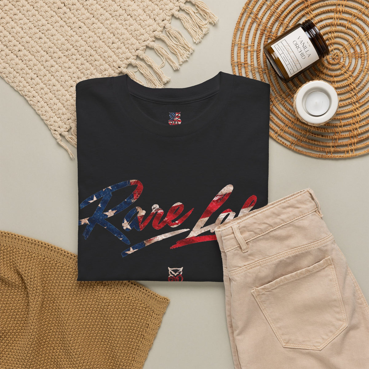 Rare Lab Brush Stroke American Flag tee: faded brush stroke logo in flag colors across the chest