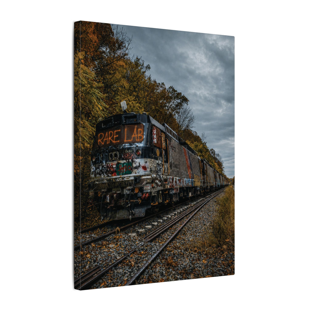 Rare Lab Graffiti Train canvas: a graffiti-covered train under a brooding sky with golden autumn trees