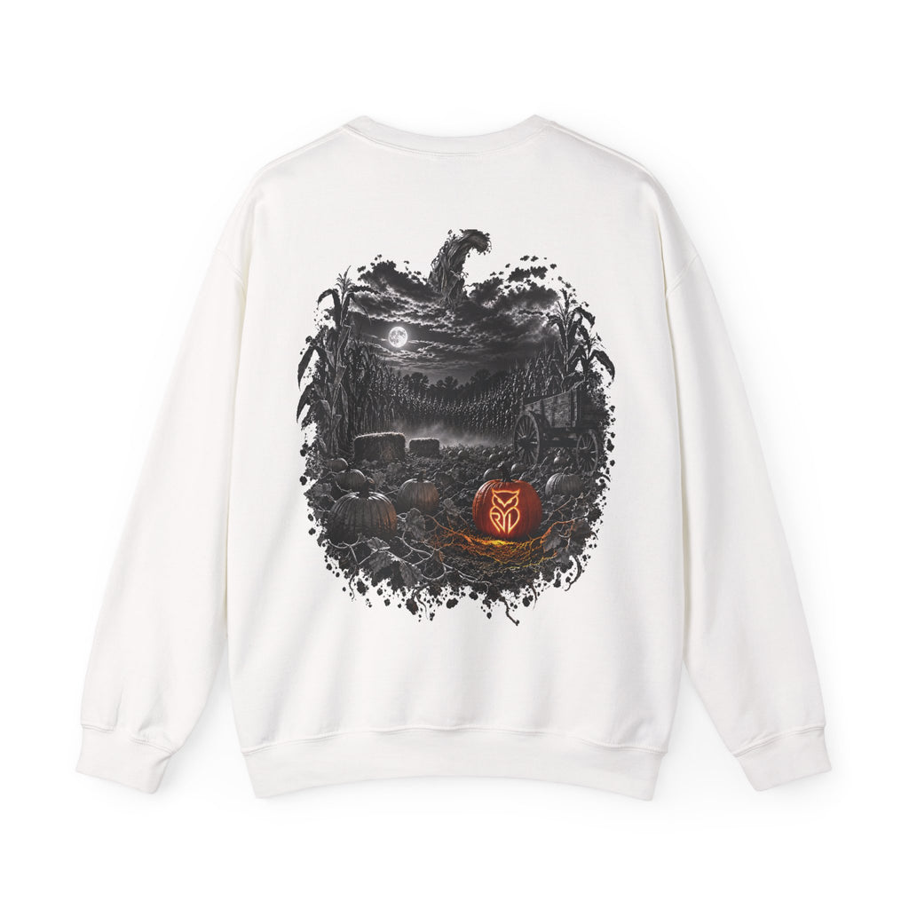Rare Lab Owl Lantern crewneck sweatshirt: glowing Rare Lab owl jack-o'-lantern on the front, moonlit pumpkin patch scene on the back