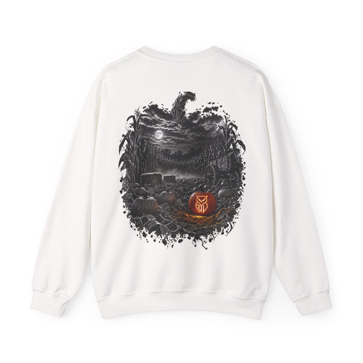 Rare Lab Owl Lantern crewneck sweatshirt: glowing Rare Lab owl jack-o'-lantern on the front, moonlit pumpkin patch scene on the back