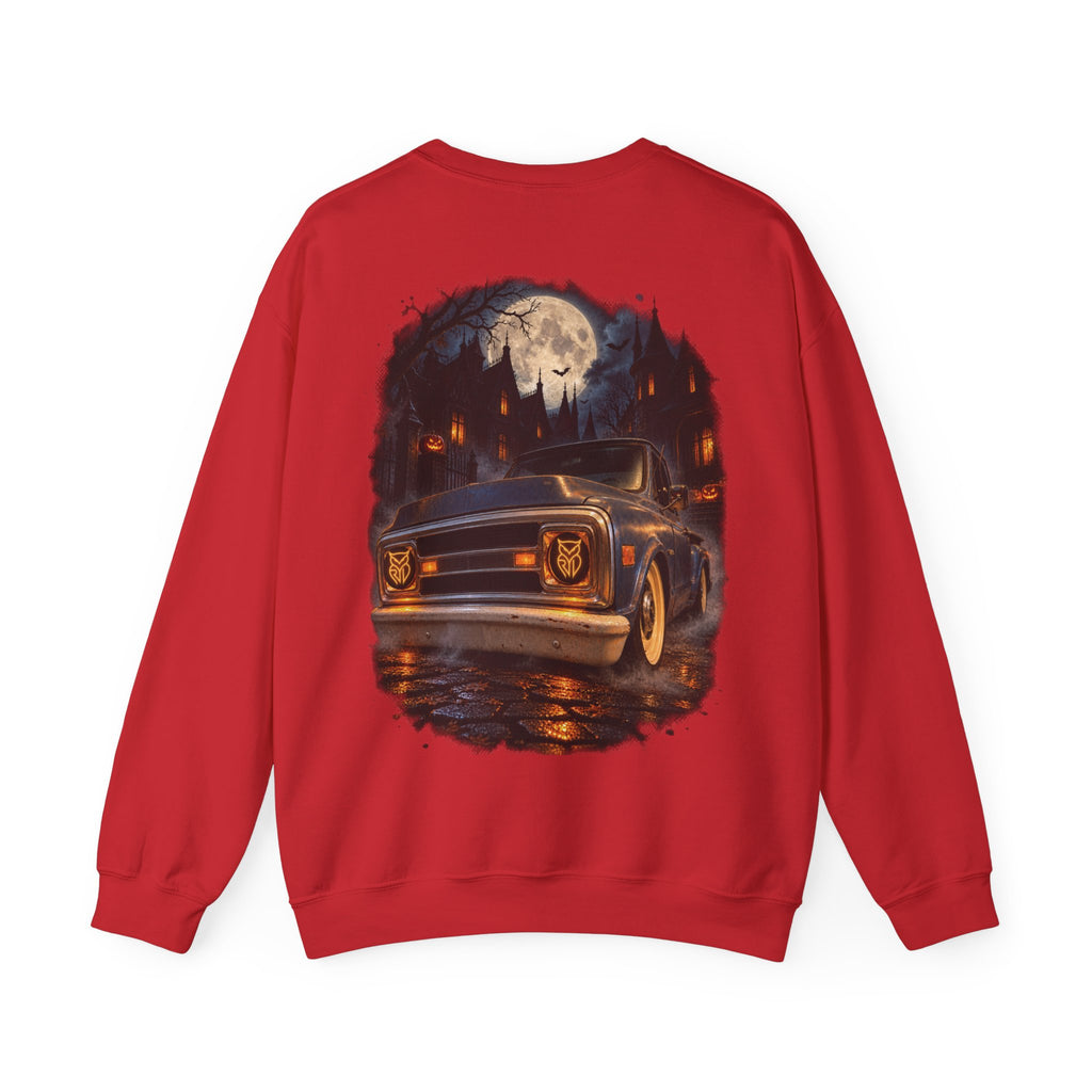 Rare Lab Midnight Owl crewneck in Irish Green: large night-sky owl on the front, C10 truck under a full moon on the back