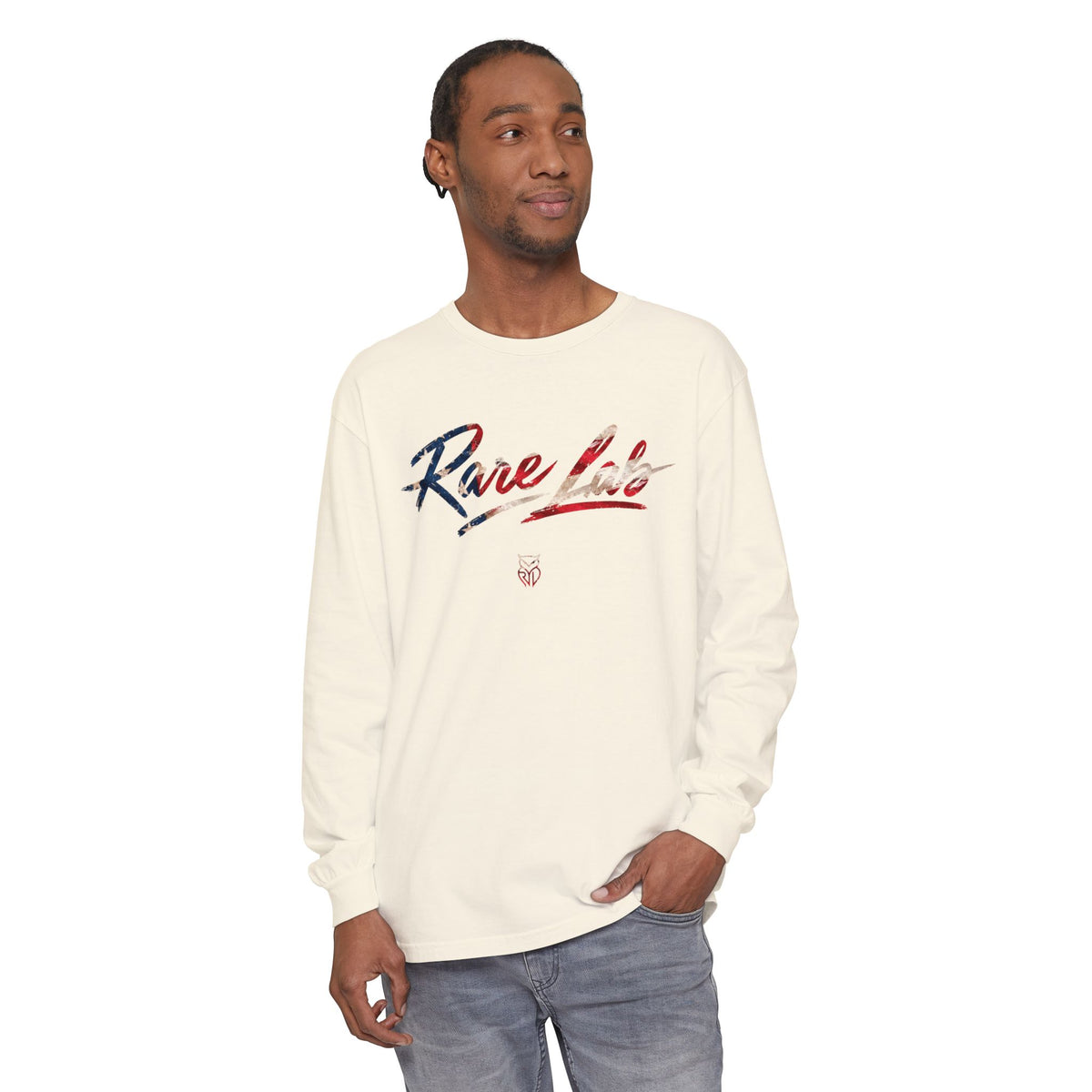 Rare Lab Brush Stroke American Flag long sleeve tee: brush stroke flag script across the chest