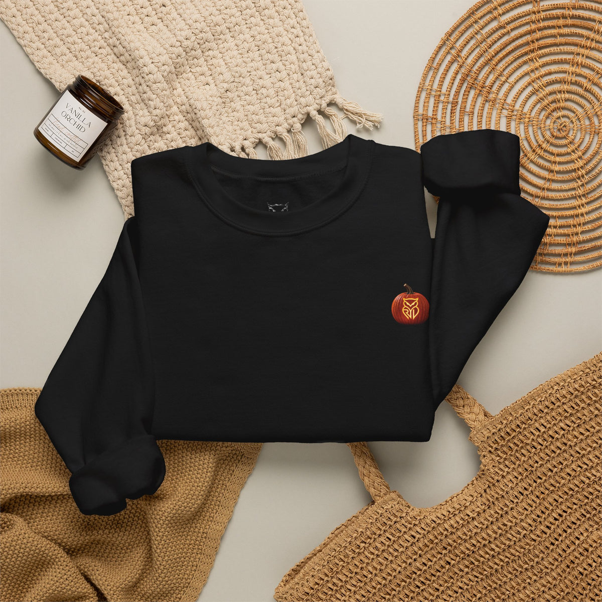 Rare Lab After Dark crewneck sweatshirt: small glowing Rare Lab owl jack-o'-lantern on the chest, C10 truck with owl jack-o'-lantern headlights on the back