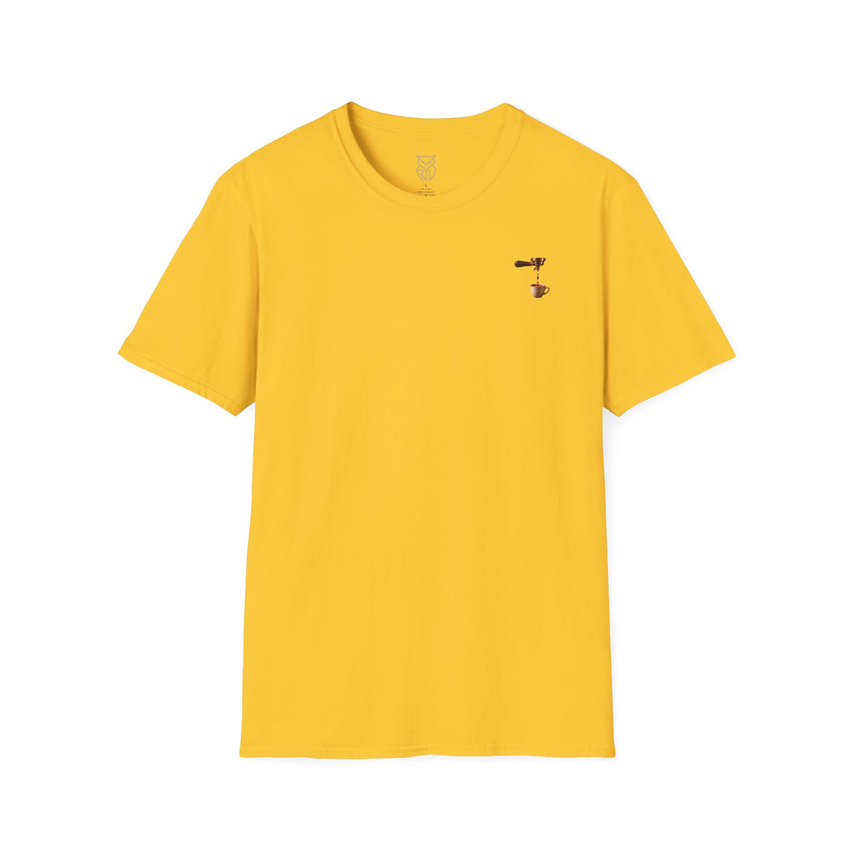 Rare Lab Espresso Drip tee: small Rare Lab Drip espresso design on the chest
