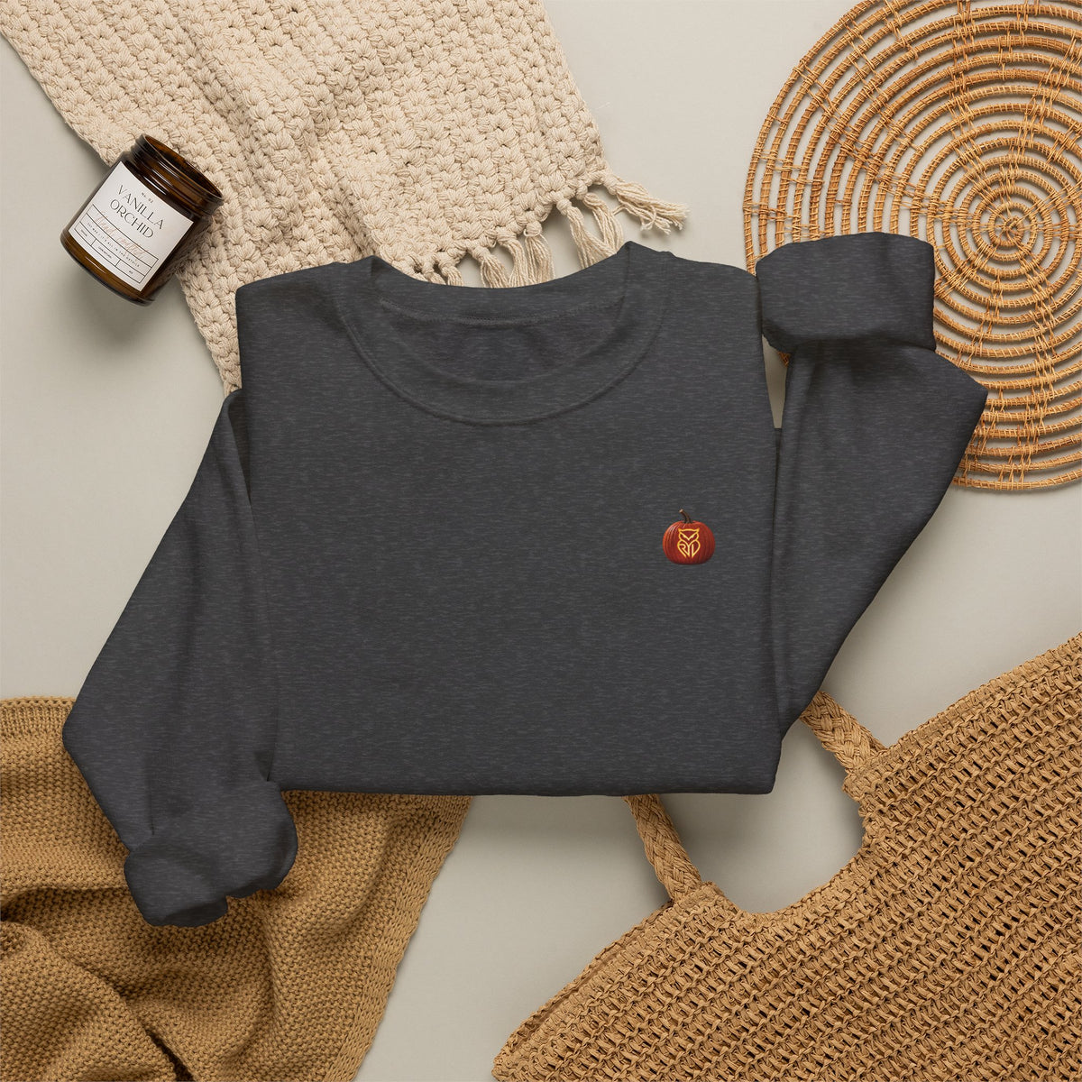 Rare Lab Owl Lantern embroidered crewneck sweatshirt with a small embroidered Rare Lab owl jack-o'-lantern on the chest