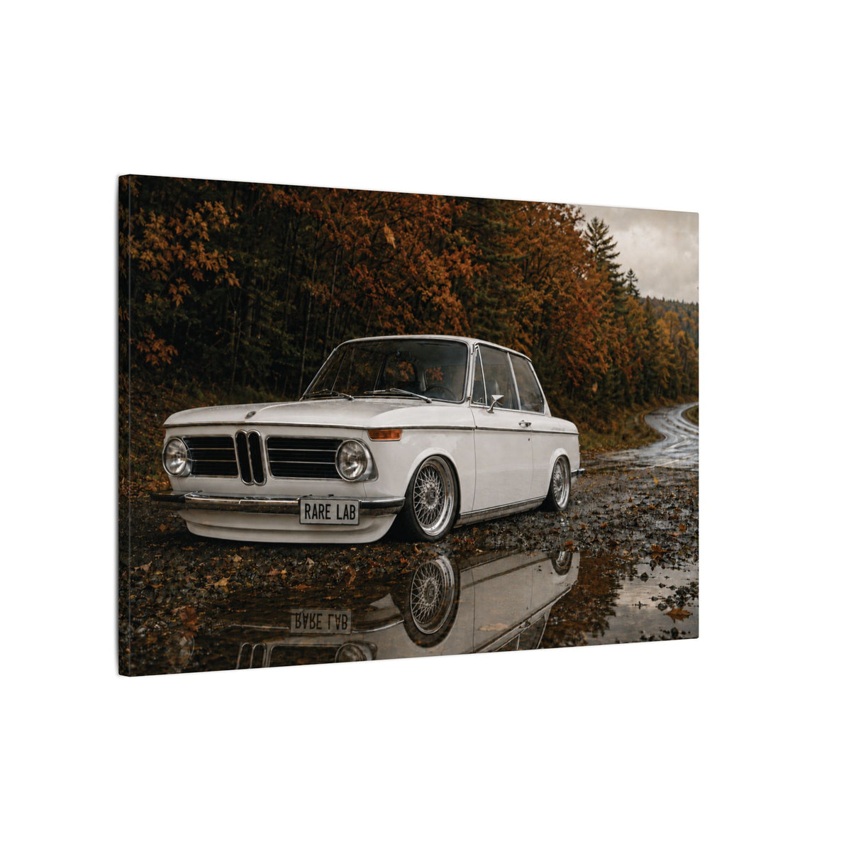 Rare Lab Autumn Ripper canvas: a vintage rally coupe parked by a puddle under autumn trees