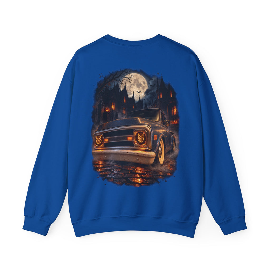 Rare Lab After Dark crewneck sweatshirt: small glowing Rare Lab owl jack-o'-lantern on the chest, C10 truck with owl jack-o'-lantern headlights on the back