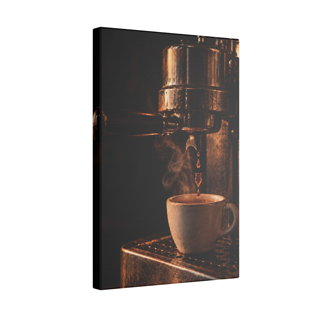 Rare Lab Drip espresso machine canvas: a slow espresso pour and a steaming cup in warm amber tones