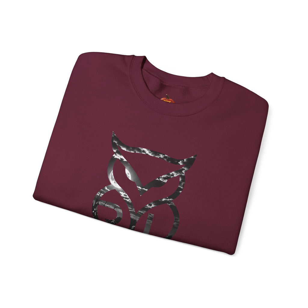 Rare Lab Owl Lantern crewneck sweatshirt: glowing Rare Lab owl jack-o'-lantern on the front, moonlit pumpkin patch scene on the back