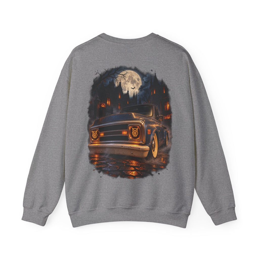 Rare Lab Midnight Owl crewneck in White: large night-sky owl on the front, C10 truck under a full moon on the back