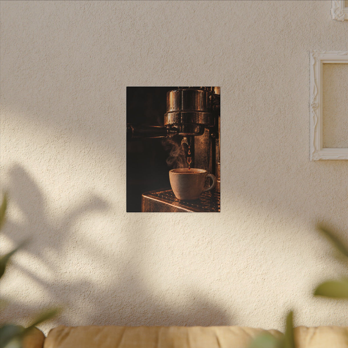 Rare Lab Drip espresso machine canvas: a slow espresso pour and a steaming cup in warm amber tones