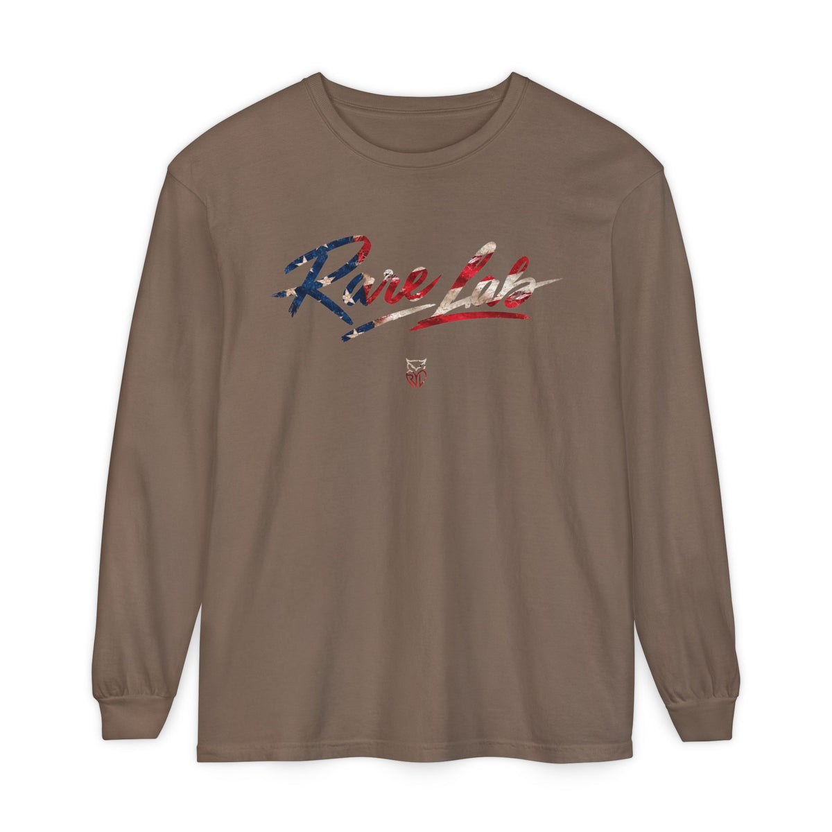 Rare Lab Brush Stroke American Flag long sleeve tee: brush stroke flag script across the chest