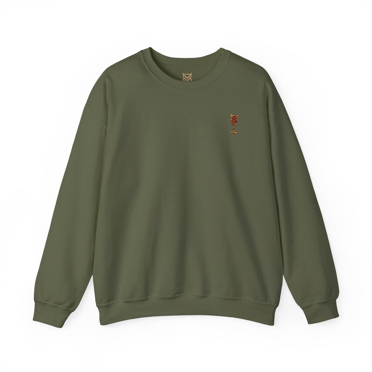 Rare Lab Drip Owl crewneck: Rare Lab owl in glossy amber with an espresso drop, on the left chest