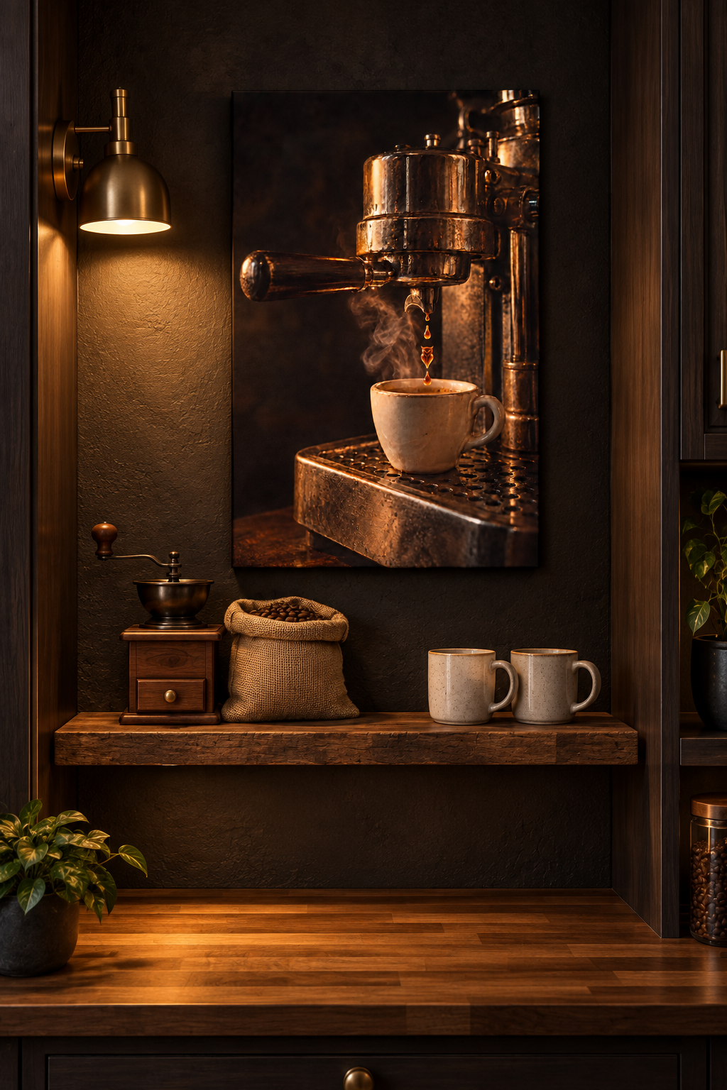 Rare Lab Drip espresso machine canvas: a slow espresso pour and a steaming cup in warm amber tones