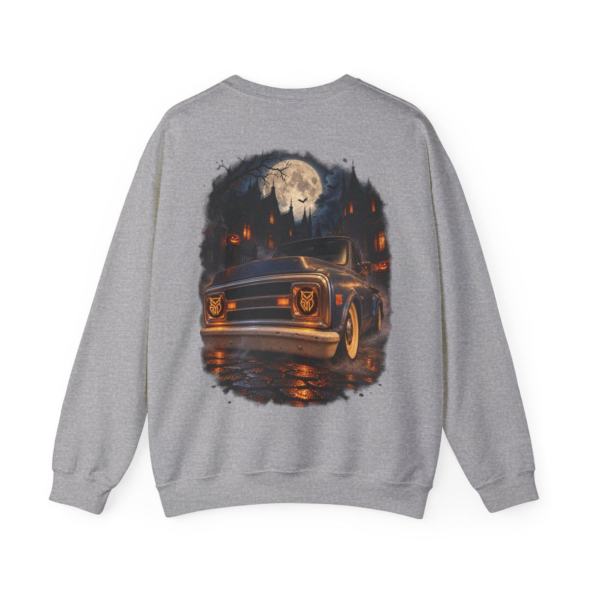 Rare Lab After Dark crewneck sweatshirt: small glowing Rare Lab owl jack-o'-lantern on the chest, C10 truck with owl jack-o'-lantern headlights on the back