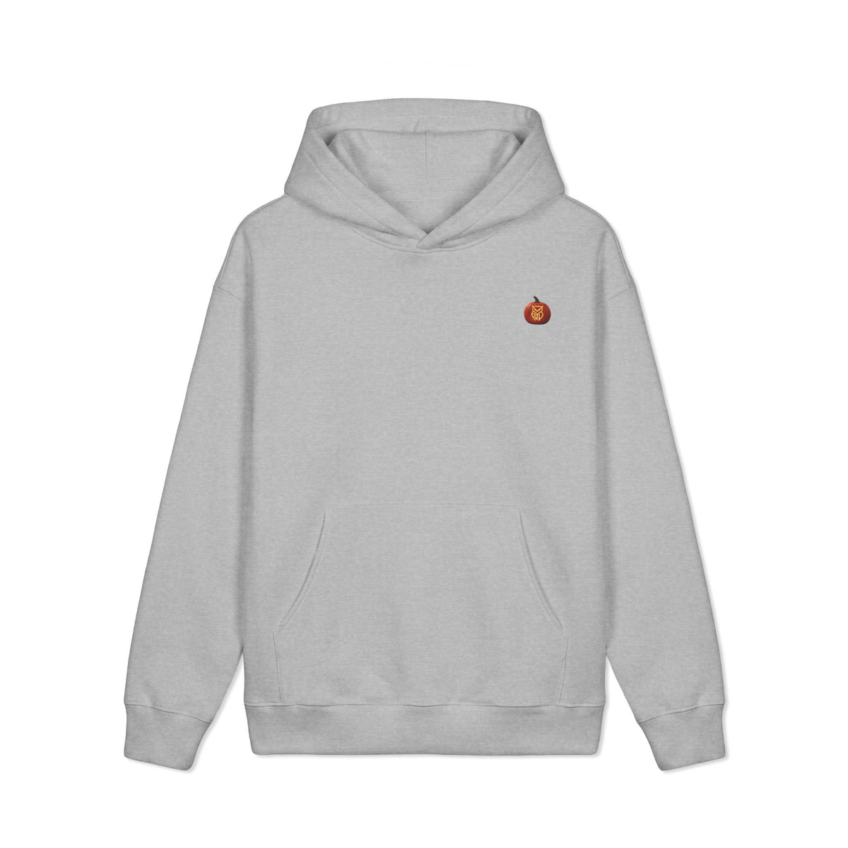 Rare Lab Owl Lantern heavyweight hoodie with a small glowing Rare Lab owl jack-o'-lantern logo on the chest