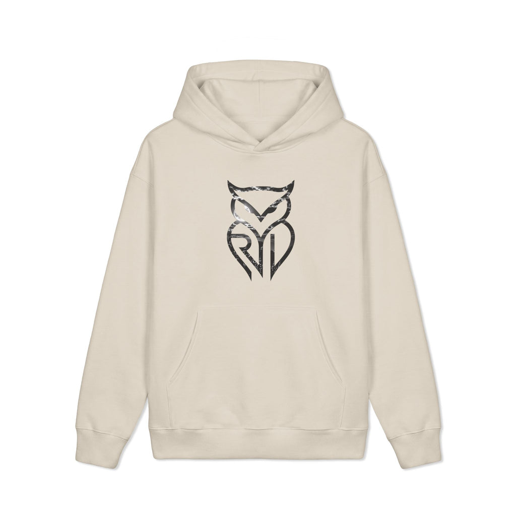 Rare Lab Pumpkin Patch heavyweight hoodie: large moonlit Rare Lab owl on the front, pumpkin patch scene with an owl jack-o'-lantern on the back