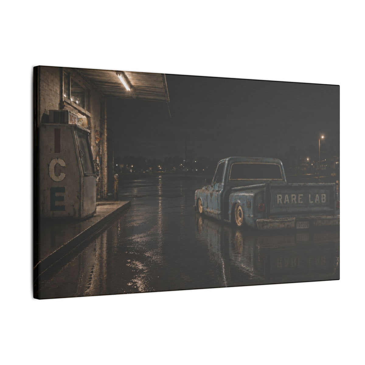 Rare Lab Ice Box canvas: a weathered blue pickup at a rain-slicked, late-night gas stop