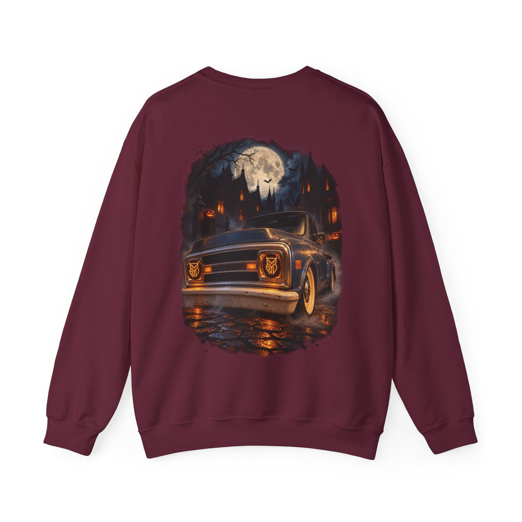 Rare Lab After Dark Midnight crewneck in Gold: small night-sky owl on the chest, C10 truck under a full moon on the back
