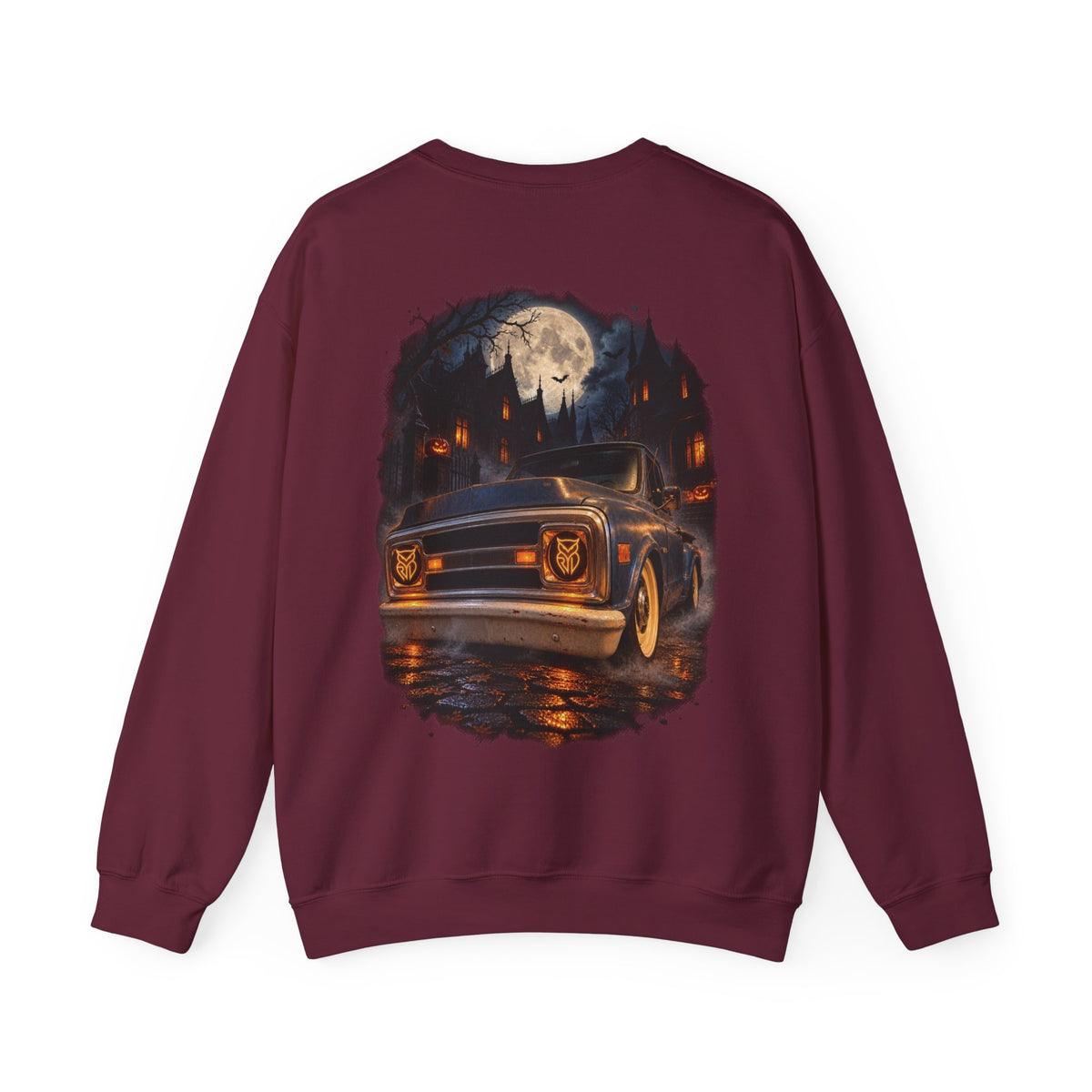 Rare Lab After Dark Midnight crewneck in Gold: small night-sky owl on the chest, C10 truck under a full moon on the back