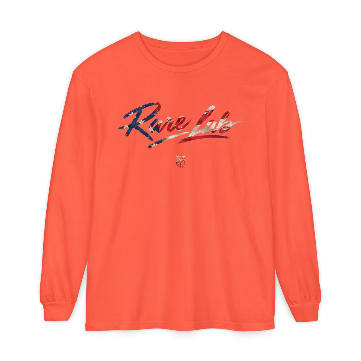 Rare Lab Brush Stroke American Flag long sleeve tee: brush stroke flag script across the chest