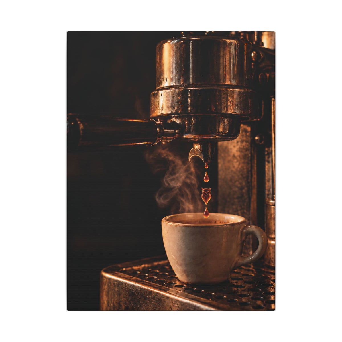 Rare Lab Drip espresso machine canvas: a slow espresso pour and a steaming cup in warm amber tones