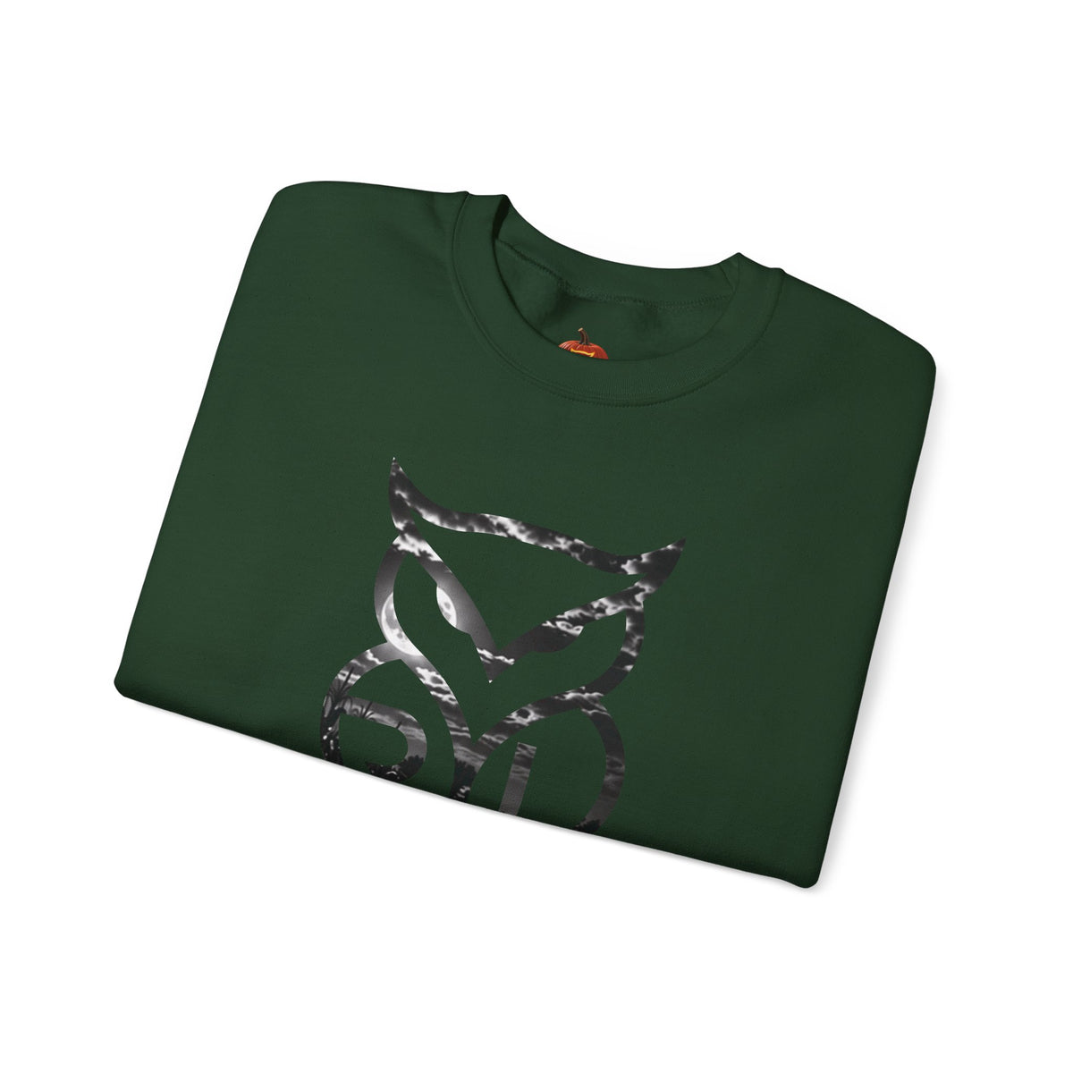 Rare Lab Owl Lantern crewneck sweatshirt: glowing Rare Lab owl jack-o'-lantern on the front, moonlit pumpkin patch scene on the back