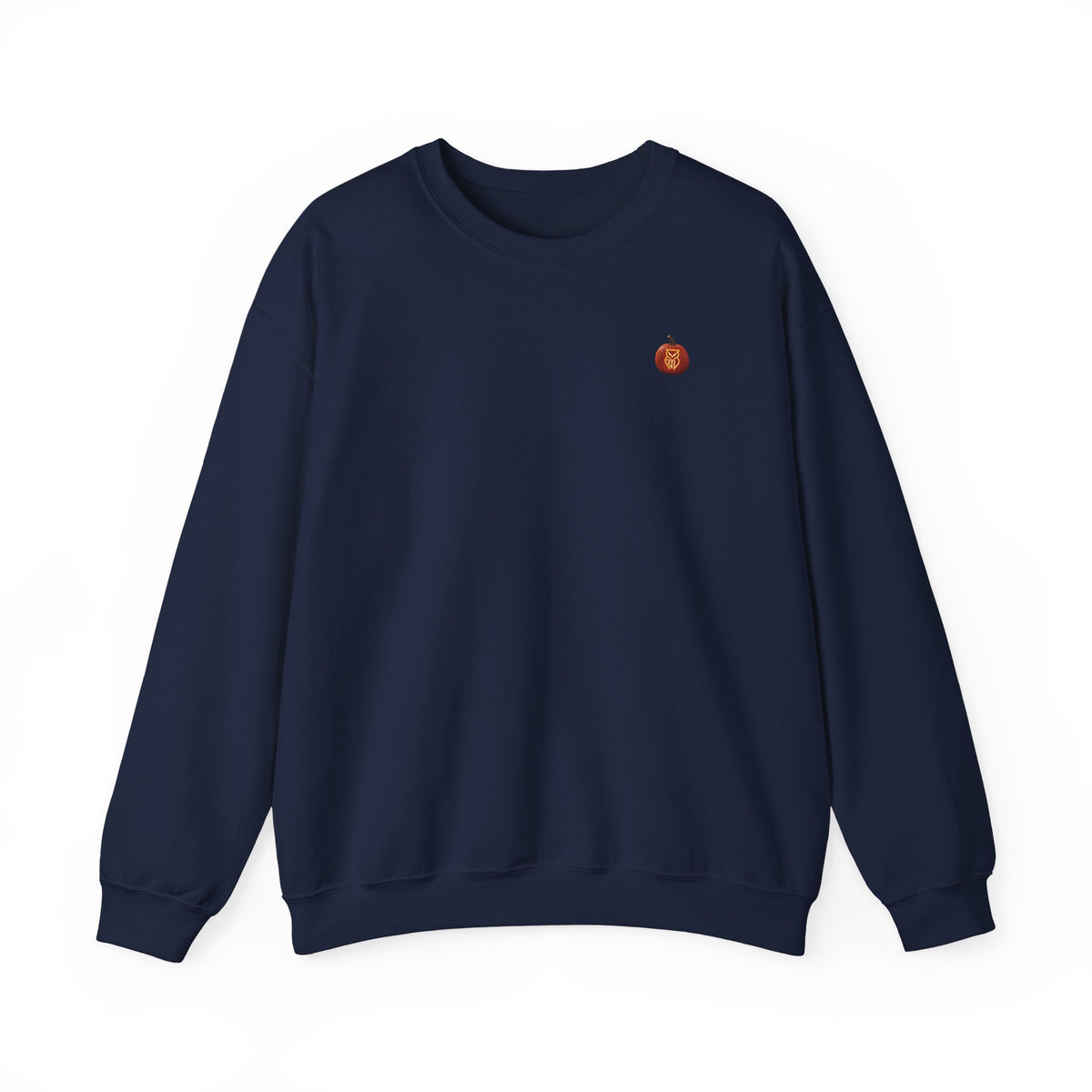 Rare Lab Owl Lantern embroidered crewneck sweatshirt with a small embroidered Rare Lab owl jack-o'-lantern on the chest