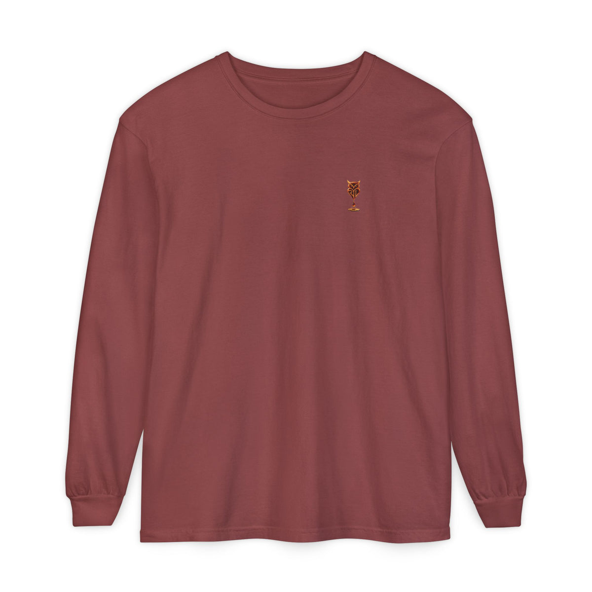 Rare Lab Drip Owl long sleeve tee: Rare Lab owl in glossy amber with an espresso drop, on the left chest