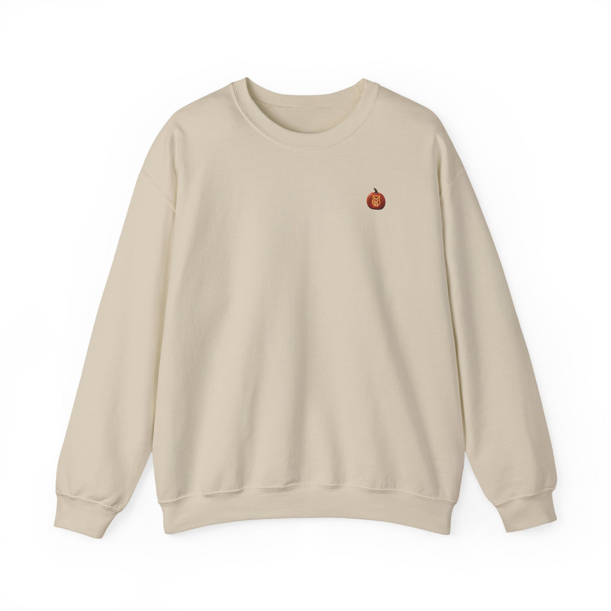Rare Lab Owl Lantern embroidered crewneck sweatshirt with a small embroidered Rare Lab owl jack-o'-lantern on the chest