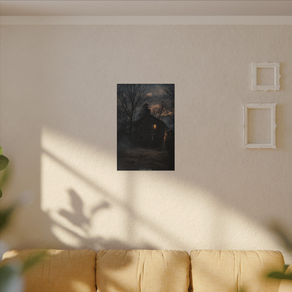 Rare Lab Night Watch canvas: a dark house with one warm window, framed by bare trees at night