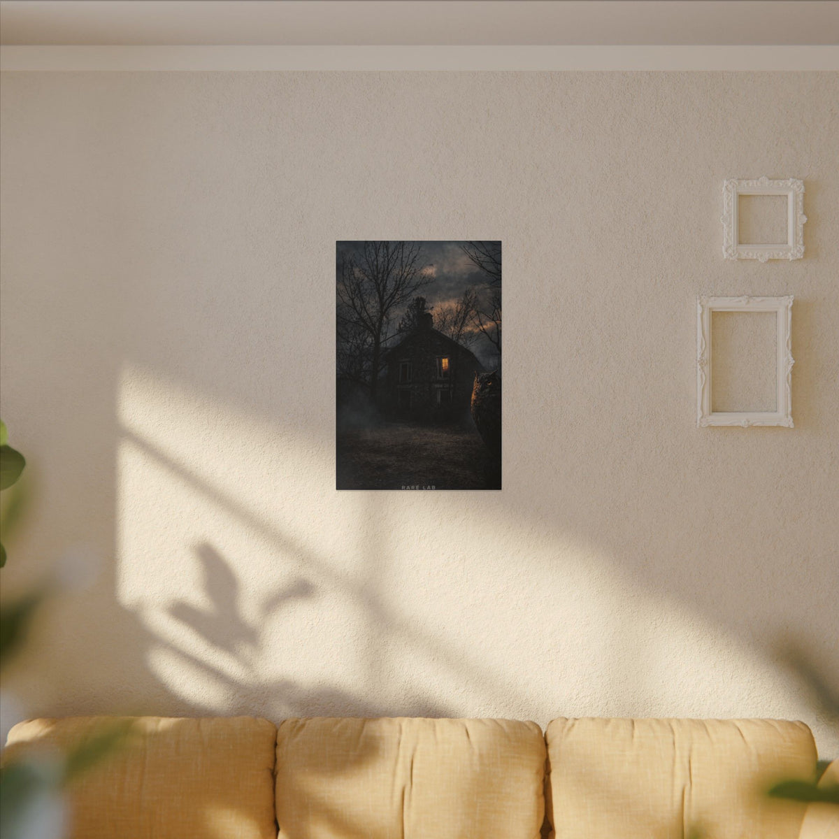 Rare Lab Night Watch canvas: a dark house with one warm window, framed by bare trees at night