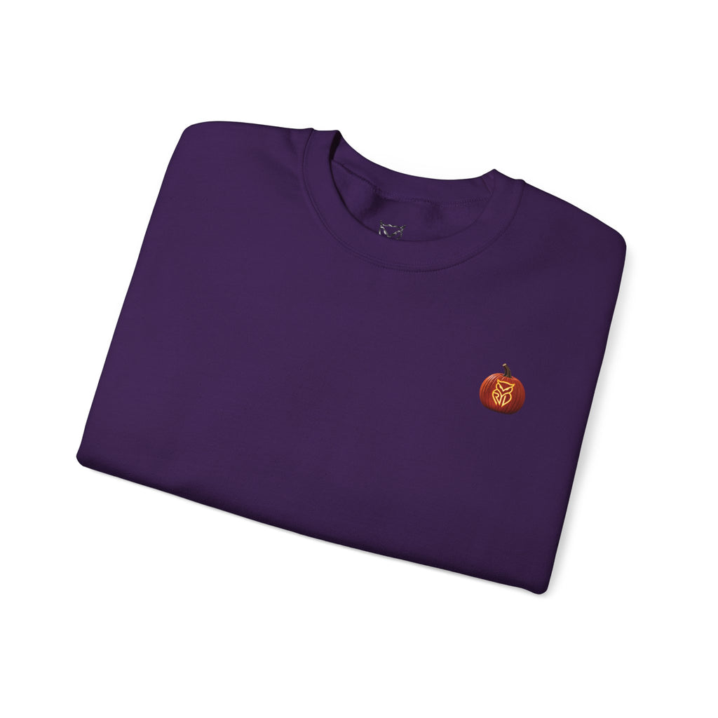 Rare Lab After Dark crewneck sweatshirt: small glowing Rare Lab owl jack-o'-lantern on the chest, C10 truck with owl jack-o'-lantern headlights on the back