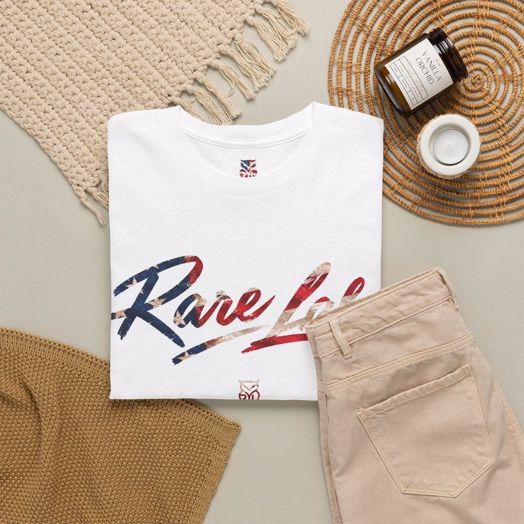 Rare Lab Brush Stroke American Flag tee: faded brush stroke logo in flag colors across the chest