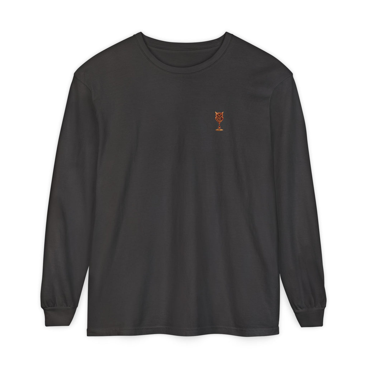 Rare Lab Drip Owl long sleeve tee: Rare Lab owl in glossy amber with an espresso drop, on the left chest