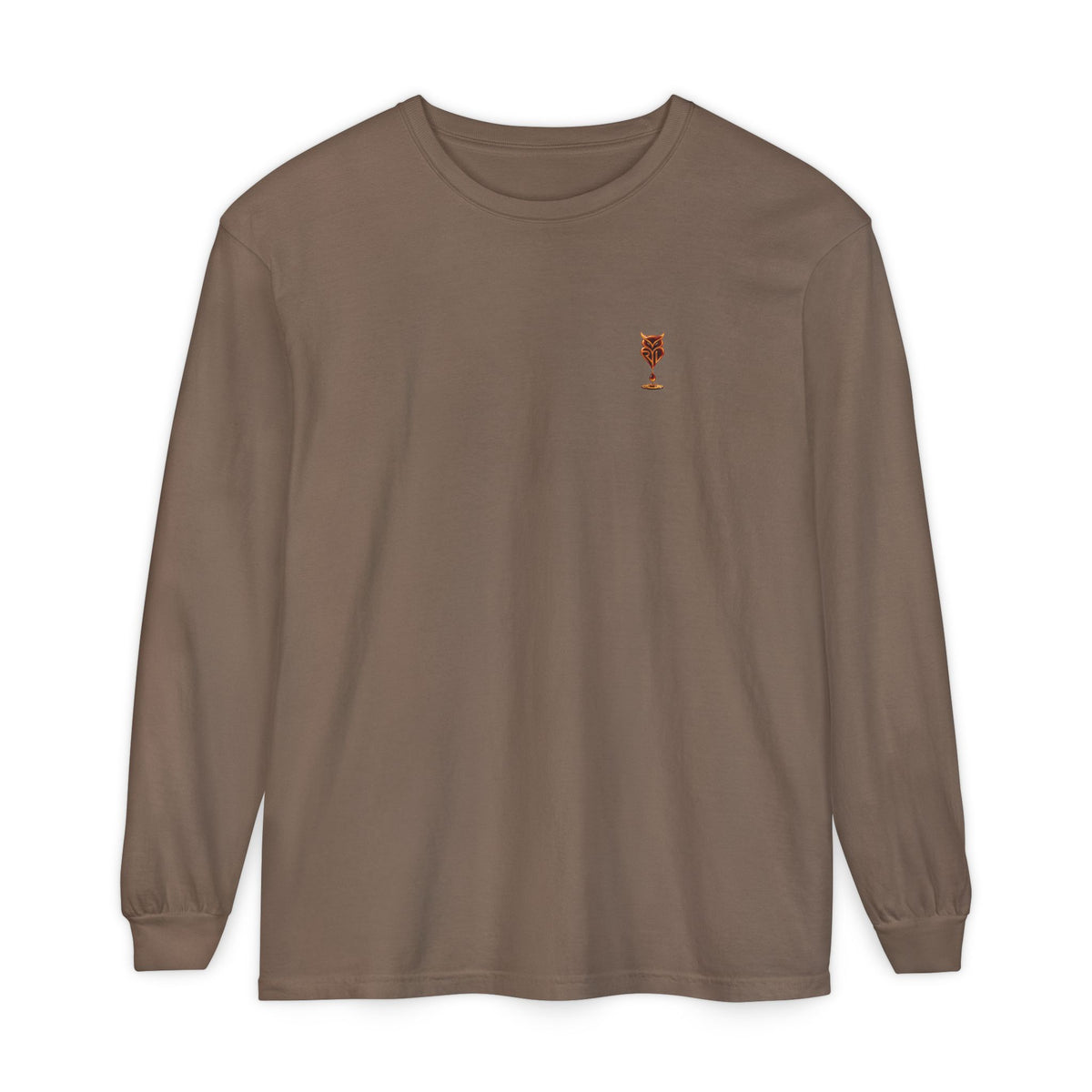 Rare Lab Drip Owl long sleeve tee: Rare Lab owl in glossy amber with an espresso drop, on the left chest