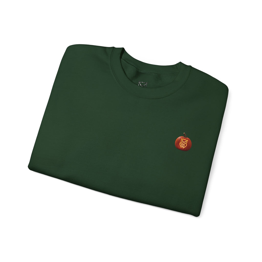 Rare Lab After Dark crewneck sweatshirt: small glowing Rare Lab owl jack-o'-lantern on the chest, C10 truck with owl jack-o'-lantern headlights on the back