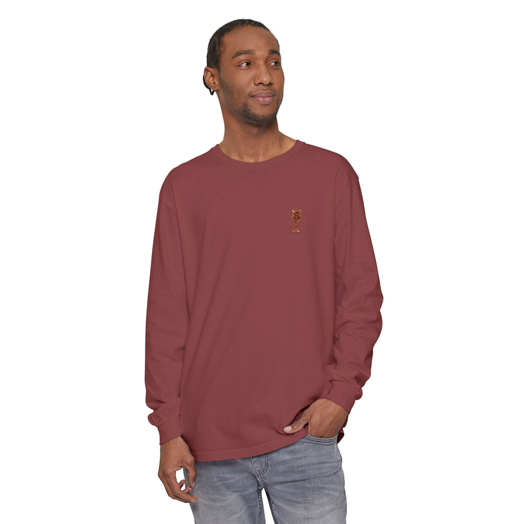 Rare Lab Drip Owl long sleeve tee: Rare Lab owl in glossy amber with an espresso drop, on the left chest