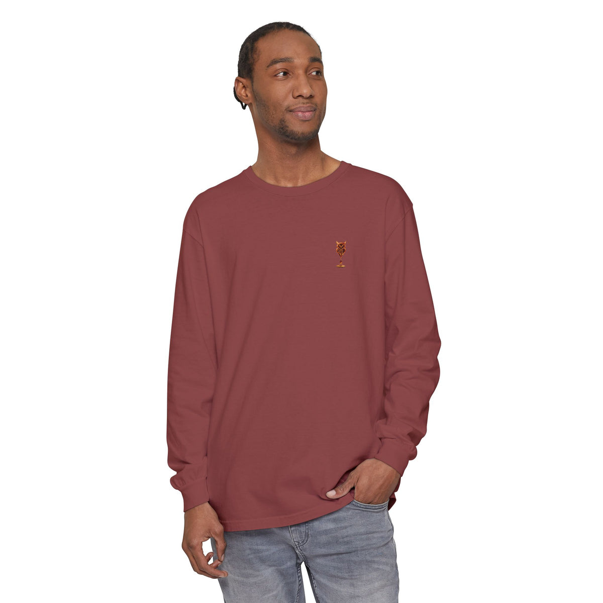 Rare Lab Drip Owl long sleeve tee: Rare Lab owl in glossy amber with an espresso drop, on the left chest