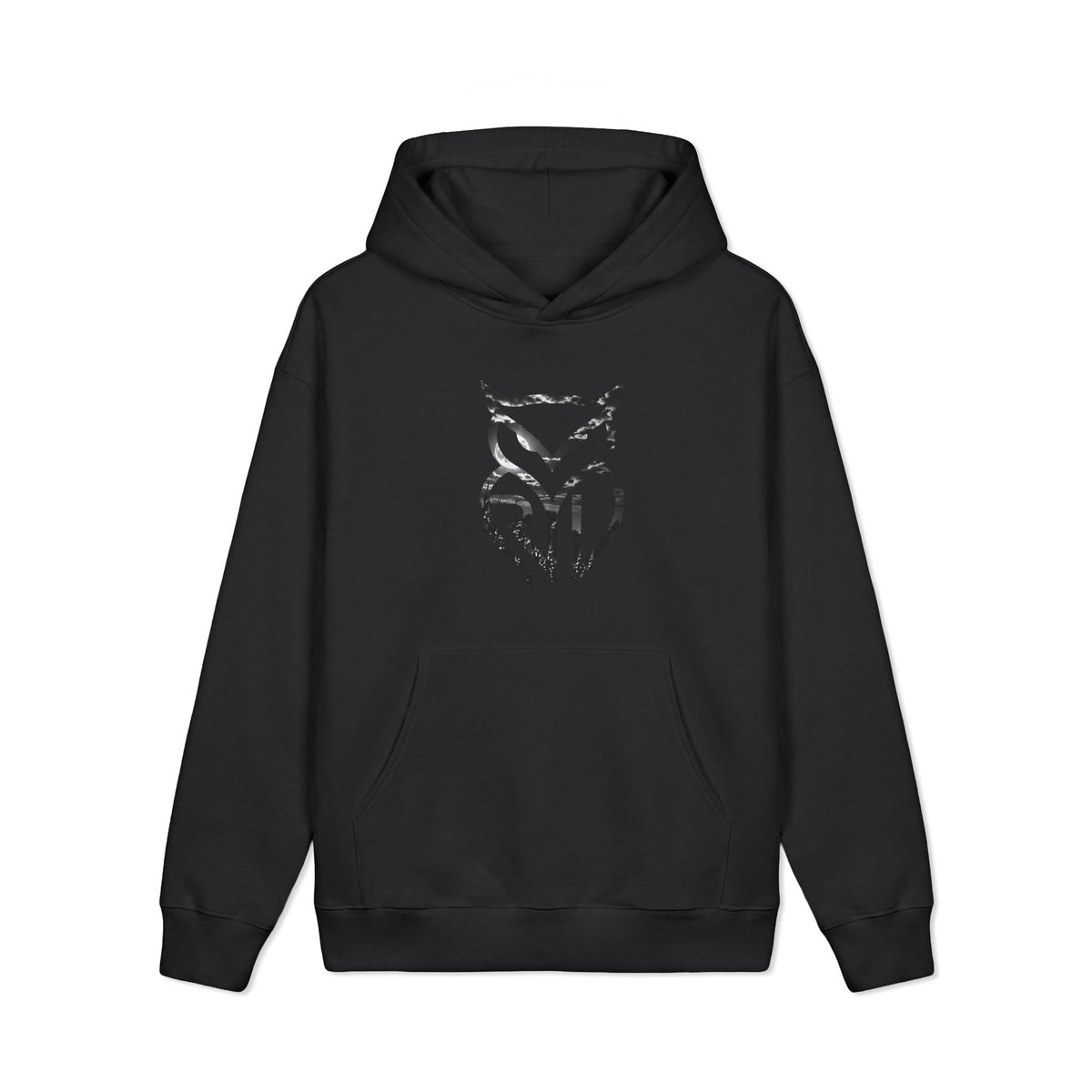 Rare Lab Pumpkin Patch heavyweight hoodie: large moonlit Rare Lab owl on the front, pumpkin patch scene with an owl jack-o'-lantern on the back