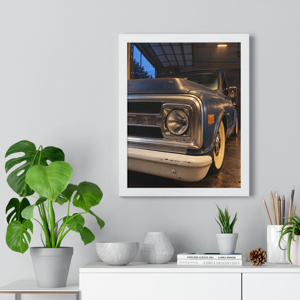 Rare Lab Vintage Blue Truck framed poster: close-up of a classic truck's headlight, bumper and whitewall tire