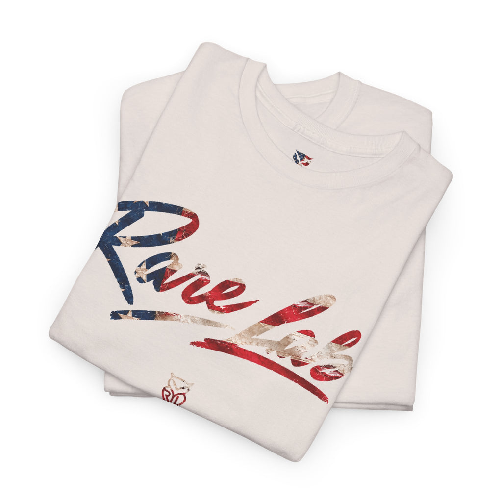 Rare Lab Brush Stroke American Flag tee: faded brush stroke logo in flag colors across the chest