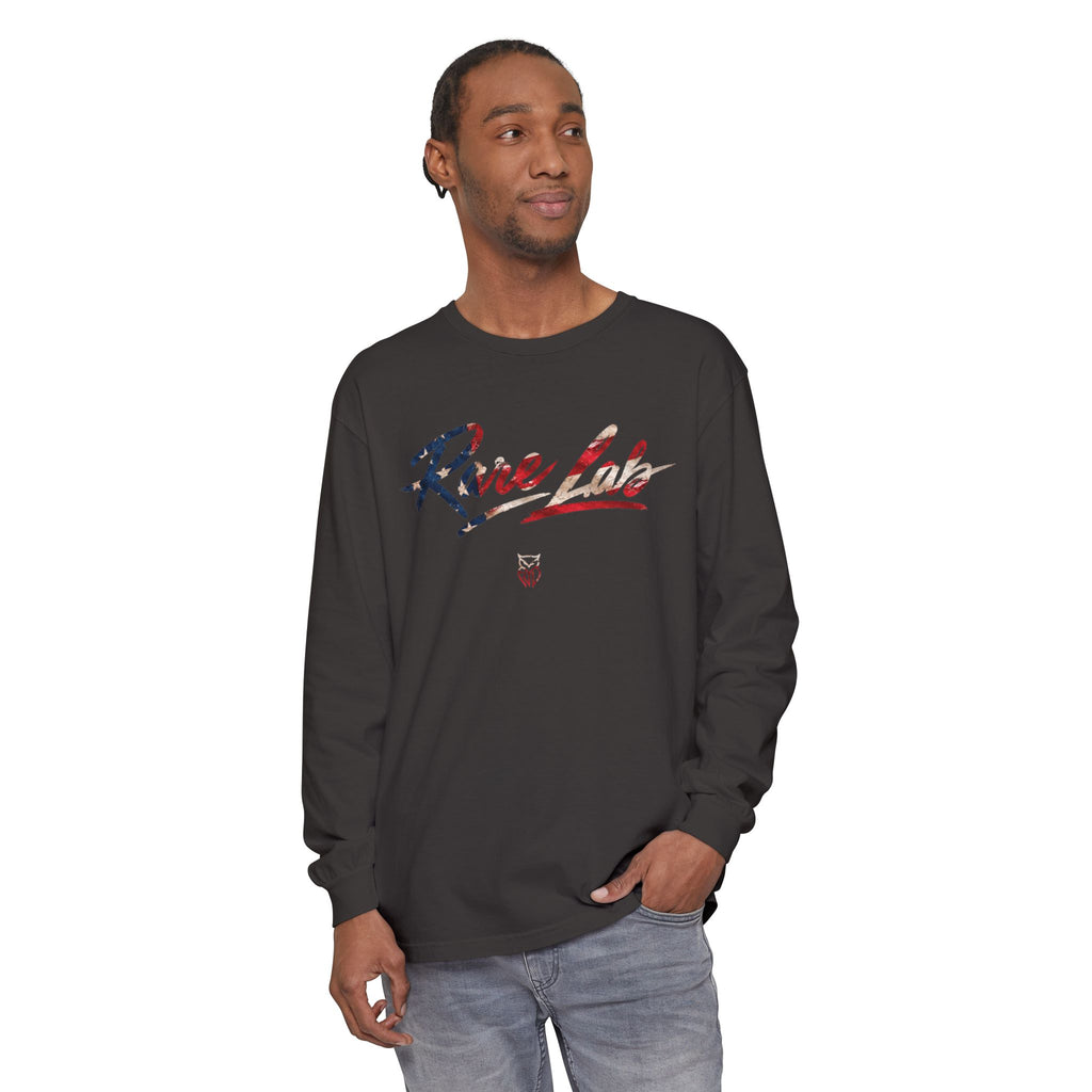 Rare Lab Brush Stroke American Flag long sleeve tee: brush stroke flag script across the chest
