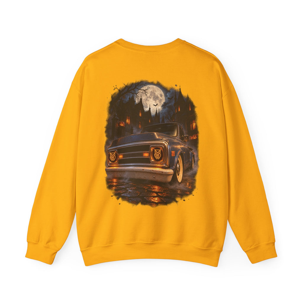 Rare Lab After Dark Midnight crewneck in Navy: small night-sky owl on the chest, C10 truck under a full moon on the back